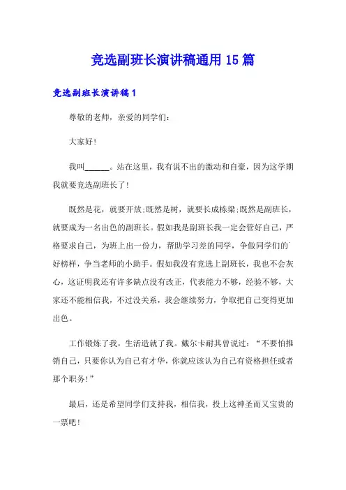竞选副班长演讲稿通用15篇