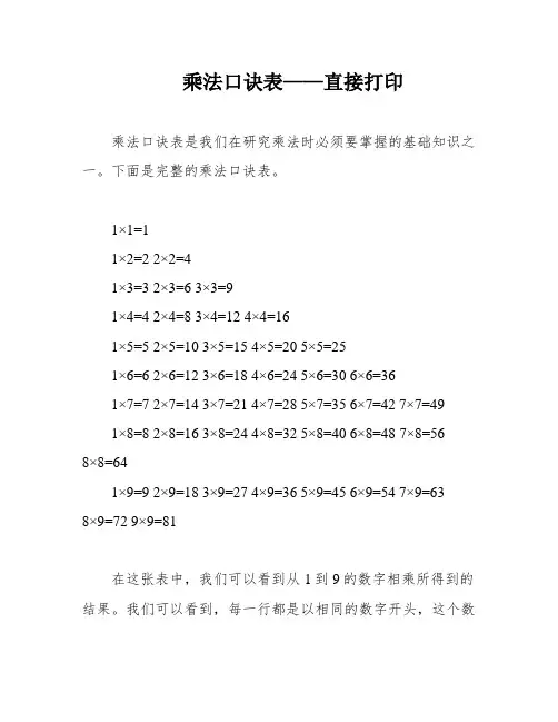 乘法口诀表——直接打印