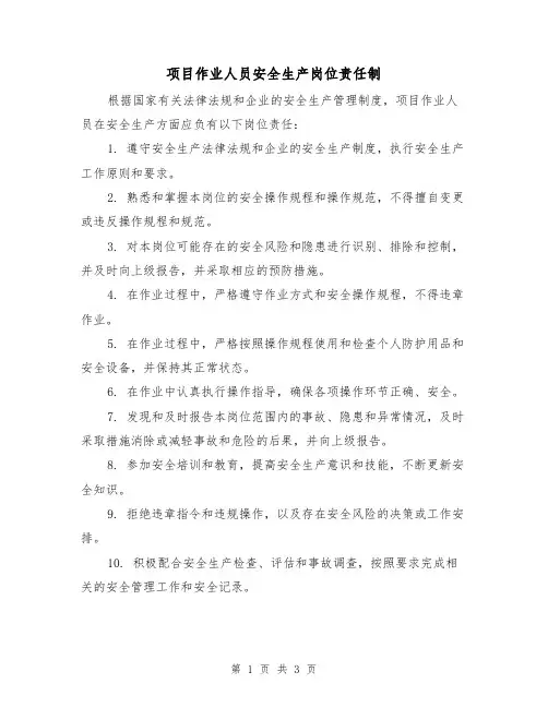 项目作业人员安全生产岗位责任制(三篇)