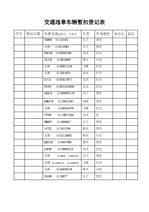 交通违章车辆暂扣登记表