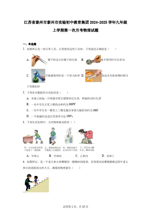 江苏省泰州市泰兴市实验初中教育集团2024-2025学年九年级上学期第一次月考物理试题
