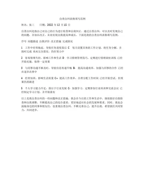 自查自纠表格填写范例