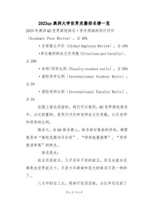 2023qs澳洲大学世界完整排名榜一览