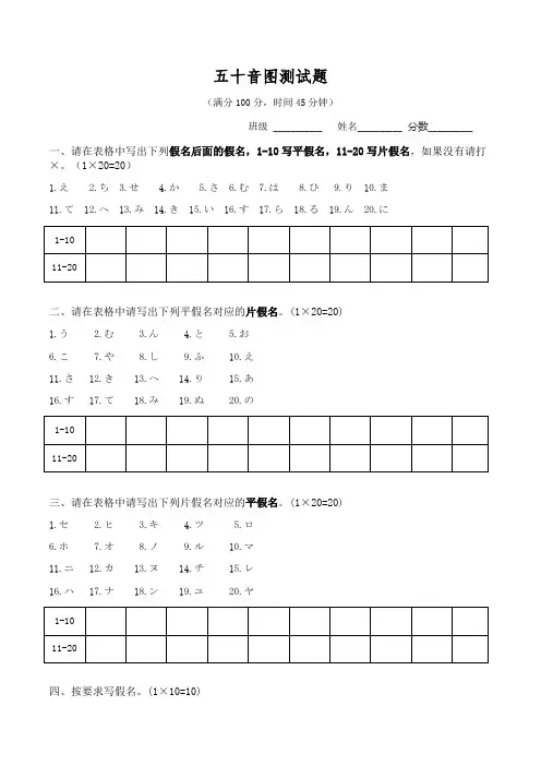 日语五十音图测试题