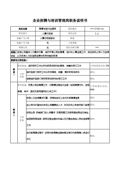 企业招聘与培训管理岗职务说明书