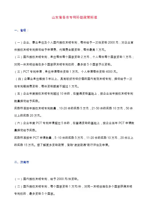 山东省各市专利补助政策标准