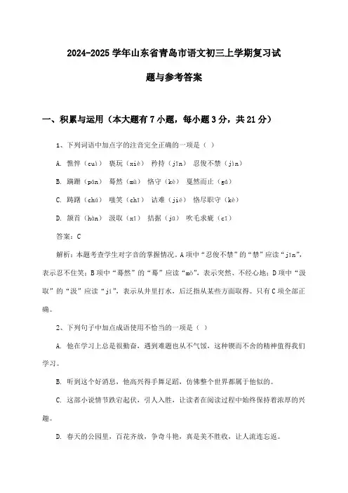 2024-2025学年山东省青岛市语文初三上学期复习试题与参考答案
