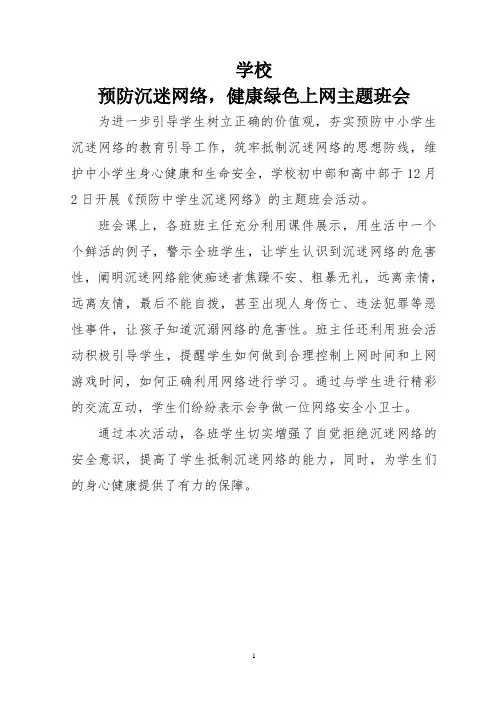 预防学生沉迷网络健康绿色上网主题班会