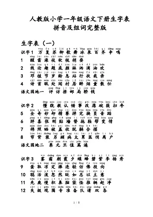 人教版小学一年级语文下册生字表拼音注音及组词完整版