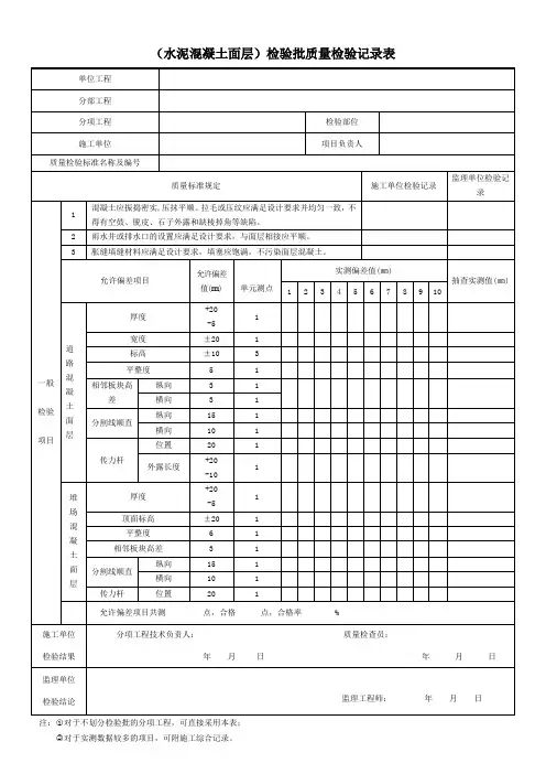 (水泥混凝土面层)检验批质量检验记录表