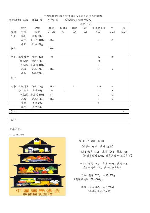 一天膳食记录及各类食物摄入量表和营养素计算表
