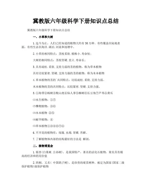 冀教版六年级科学下册知识点总结
