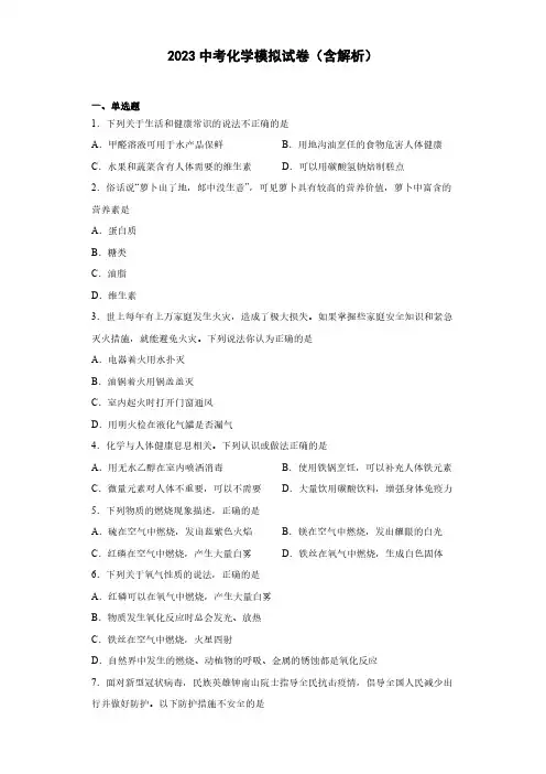 2023中考化学模拟试卷(含解析)