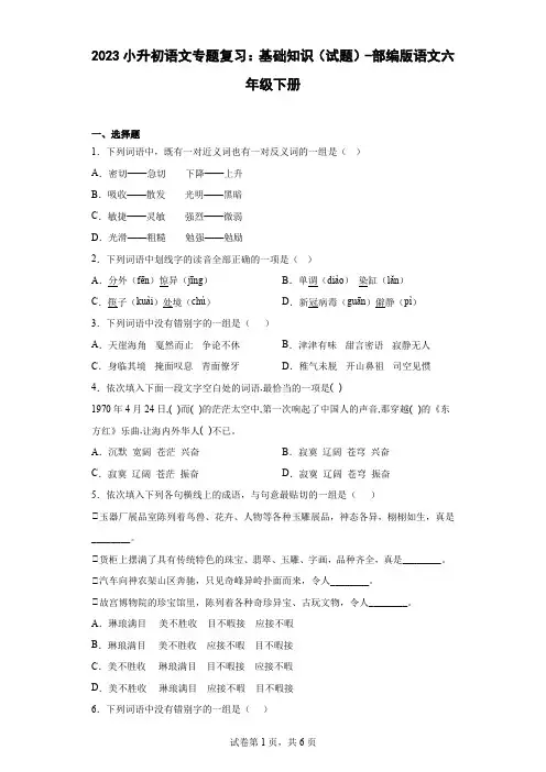 2023小升初语文专题复习：基础知识(试题)-部编版语文六年级下册