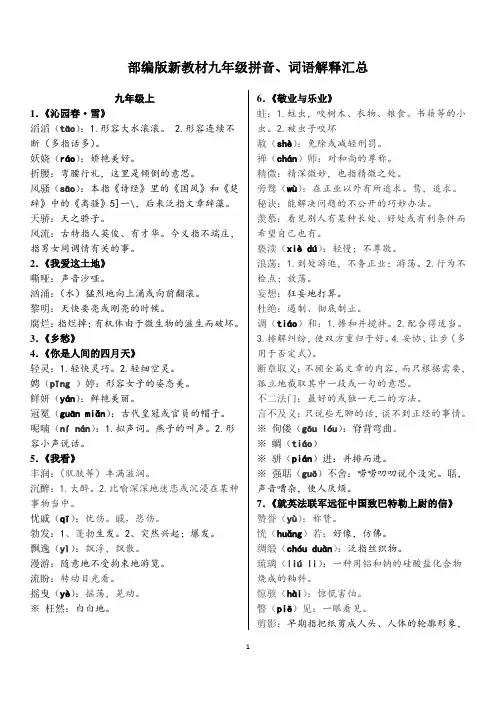 部编人教版九年级语文上下册拼音、词语解释汇总