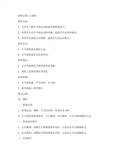 基础课乒乓球教案模板范文