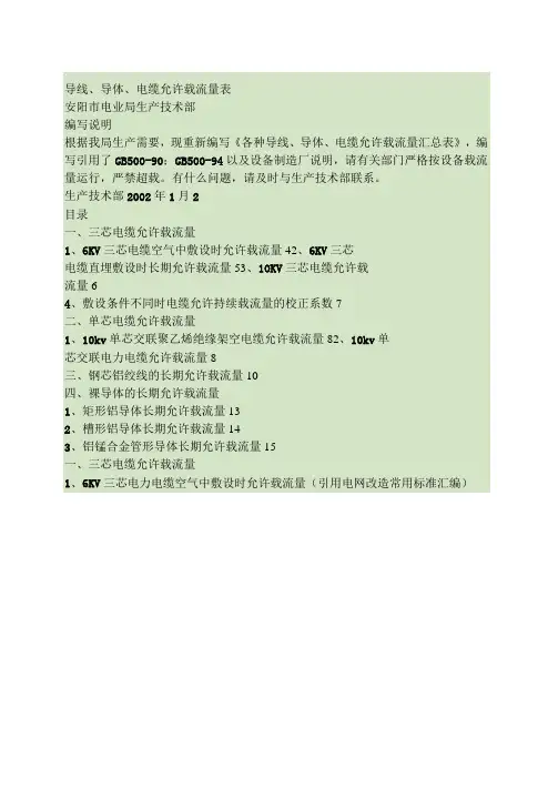 各种导线、导体电缆允许载流量表