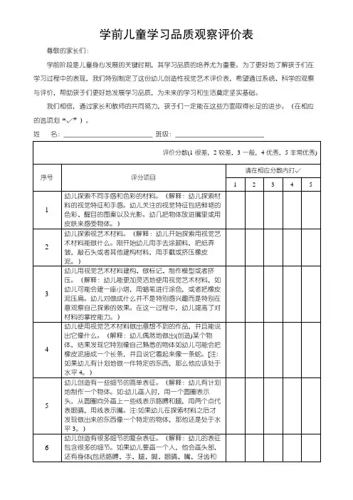 学前儿童学习品质观察评价表(创造性视觉艺术)