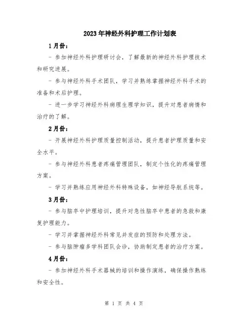 2023年神经外科护理工作计划表