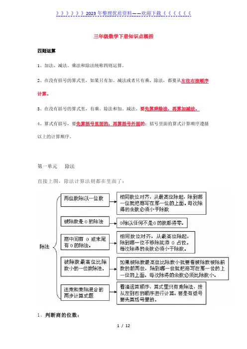 三年级数学下册知识点概括(附各单元知识点)