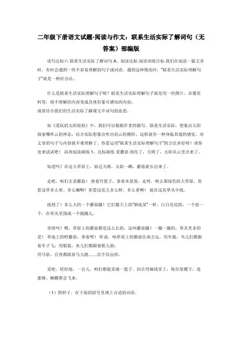 二年级下册语文试题-阅读与作文：联系生活实际了解词句（无答案）部编版