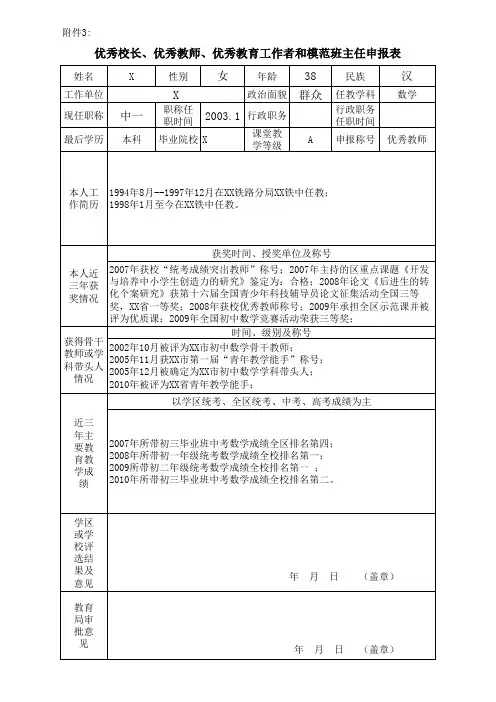 优秀校长、优秀教师、优秀教育工作者和模范班主任申报表