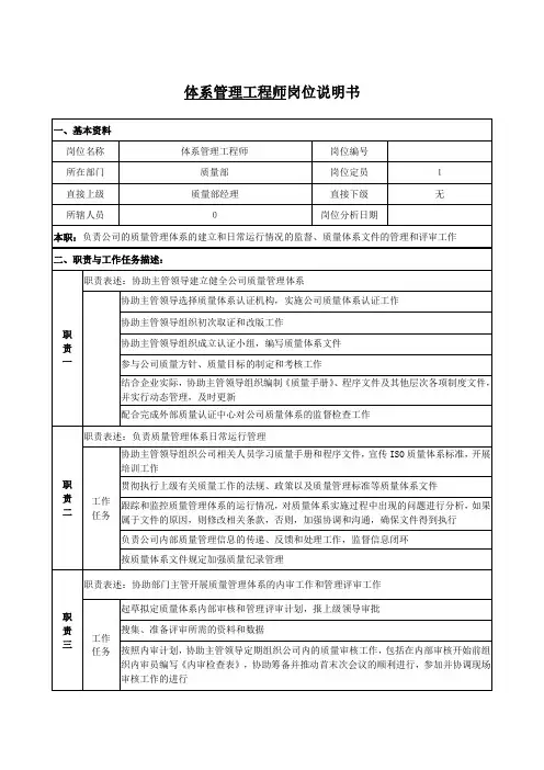 体系管理工程师岗位说明书
