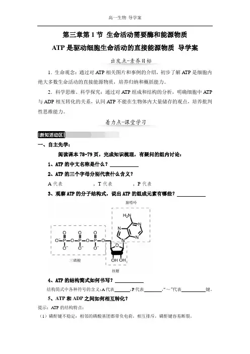 苏教版(2019)必修一  3-1ATP是驱动细胞生命活动的直接能源物质导 学案