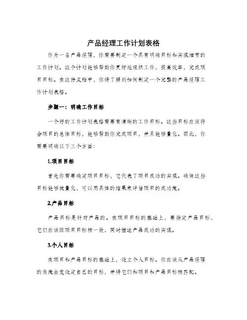 产品经理工作计划表格
