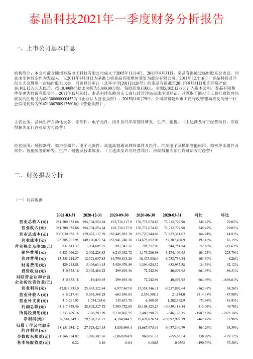 泰晶科技2021年一季度财务分析报告