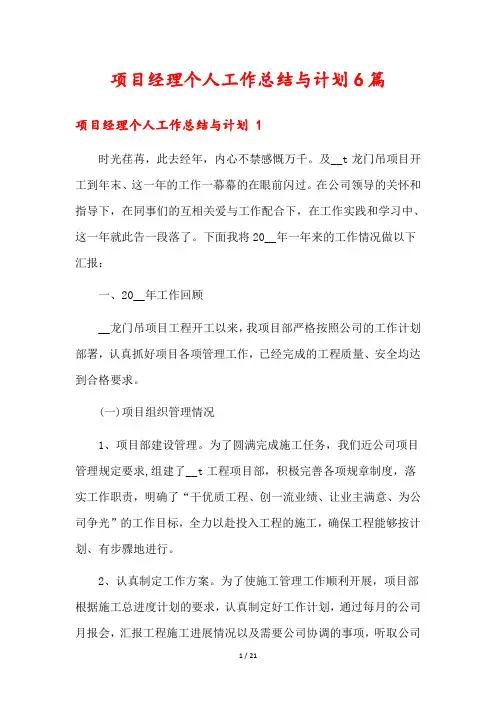 项目经理个人工作总结与计划6篇
