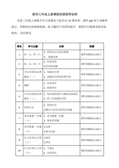 课后服务小学数学三年级上册课程资源使用说明