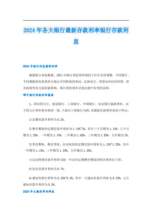 2024年各大银行最新存款利率银行存款利息