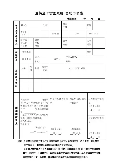 建档立卡贫困家庭 资助申请表
