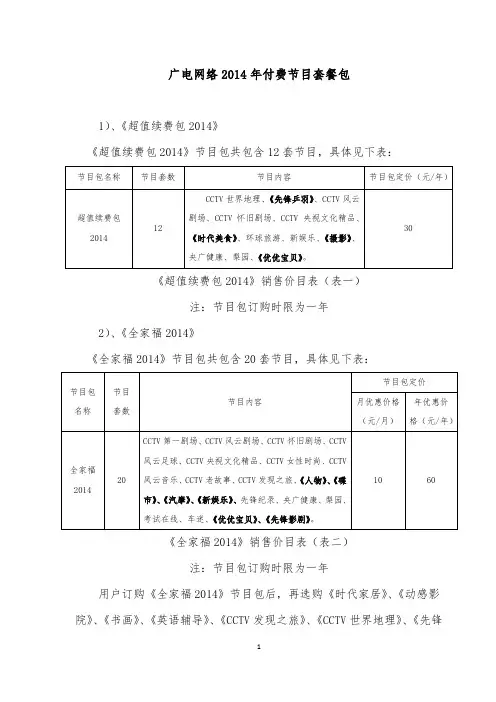 广电网络付费节目套餐包