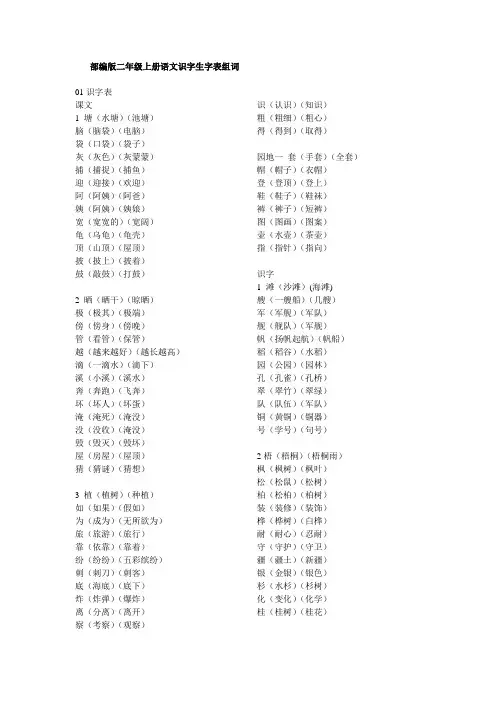 部编版二年级上册语文识字生字表组词