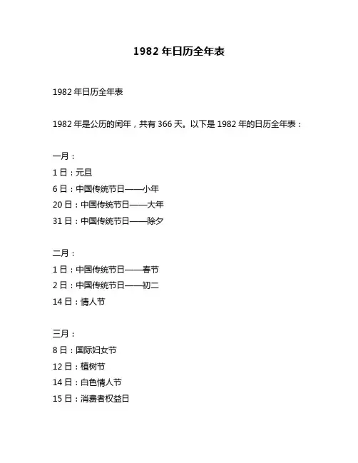 1982年日历全年表