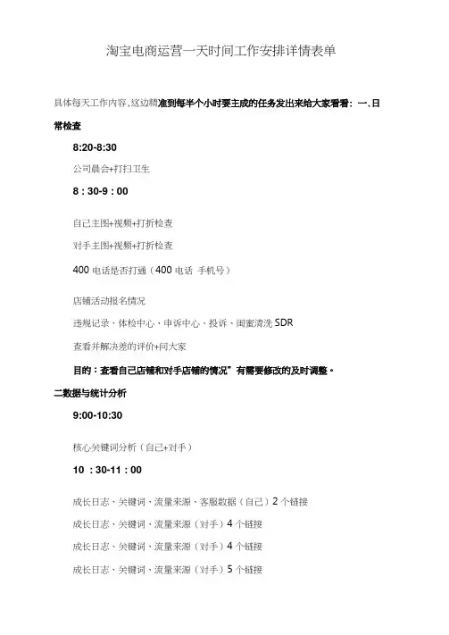 淘宝电商运营一天时间工作安排详情表单