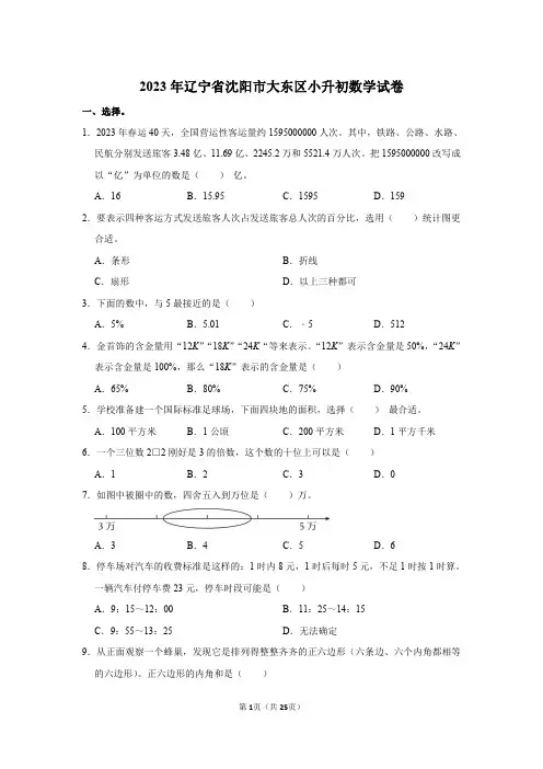 2023年辽宁省沈阳市大东区小升初数学试卷(含答案)