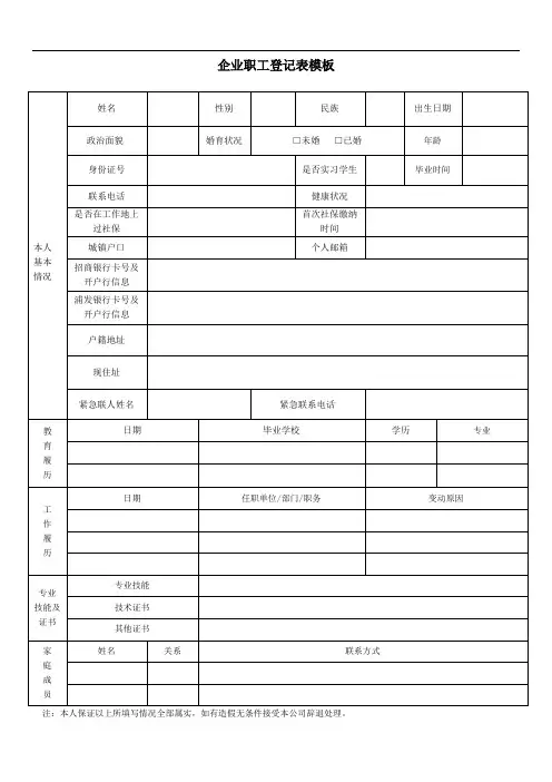 企业职工登记表模板