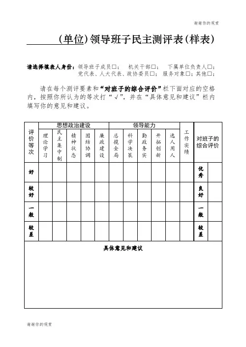 单位领导班子民主测评表样表.doc