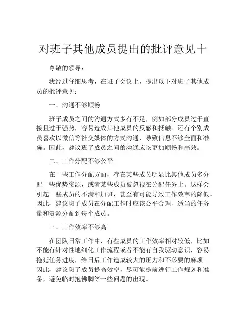 对班子其他成员提出的批评意见十