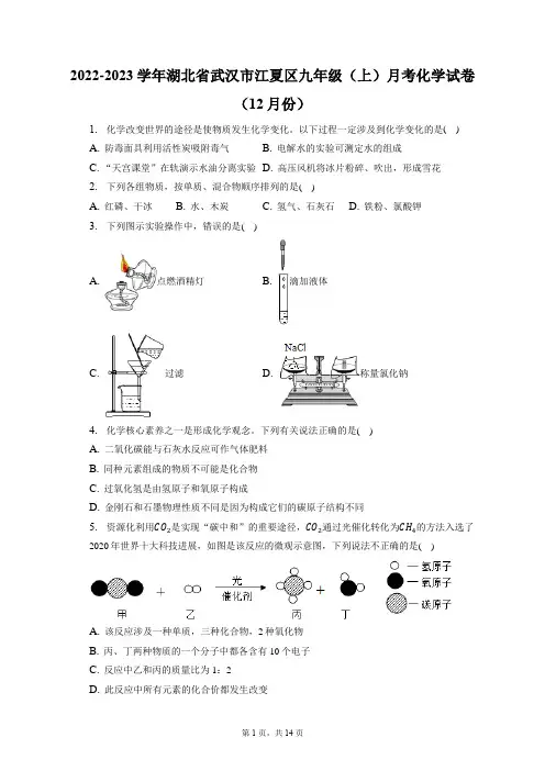 2022-2023学年湖北省武汉市江夏区九年级(上)月考化学试卷(12月份)(附答案详解)