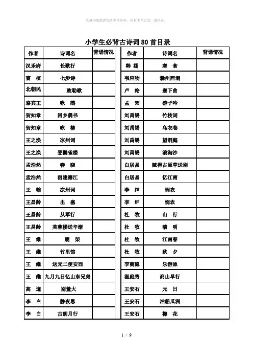 小学生必背古诗词80首