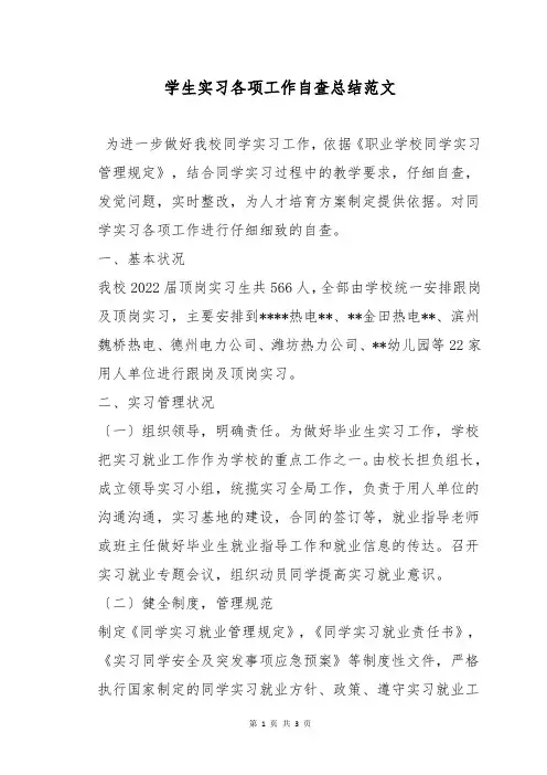 学生实习各项工作自查总结范文