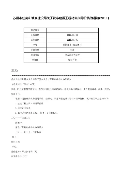 苏州市住房和城乡建设局关于发布建设工程材料指导价格的通知(2011)-苏住建价[2011]6号