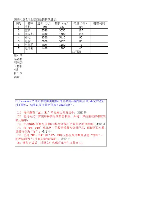 云南初中信息技术学业水平考试标准全部Excel_操作题
