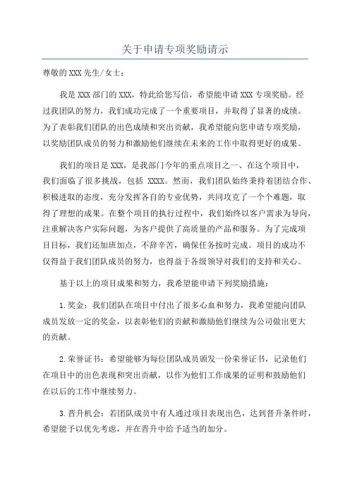 关于申请专项奖励请示