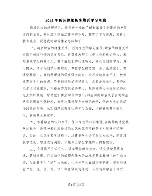 2024年教师继续教育培训学习总结（4篇）