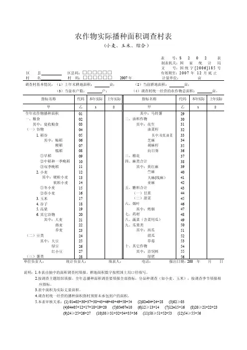 农作物实际播种面积调查村表
